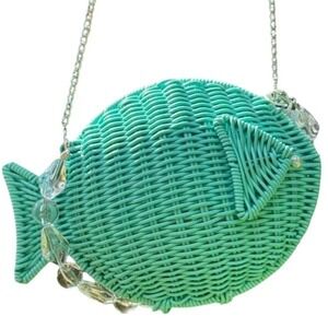 Tommy Bahama Viral Blue Azur Fish Wicker Crossbody Bag Silver Tone Chain NWT